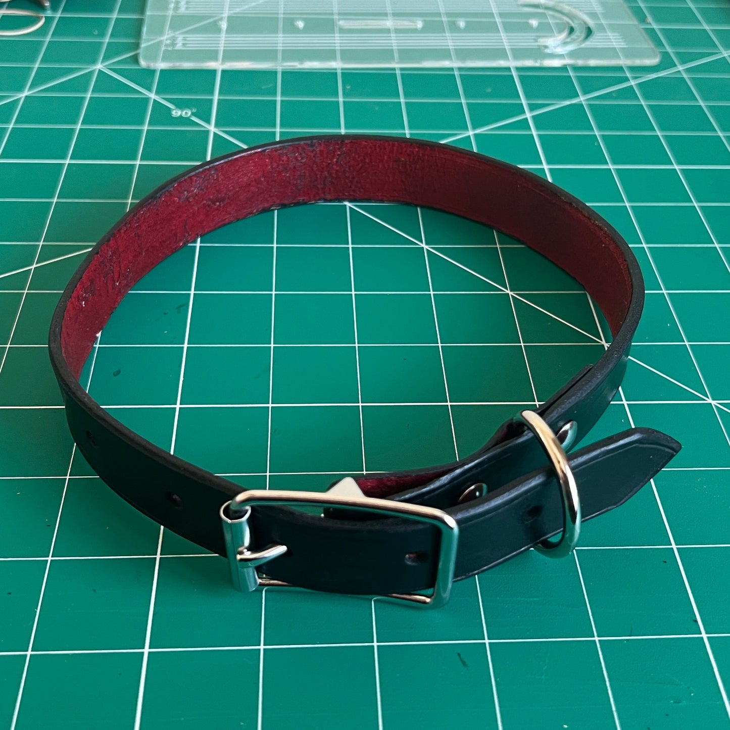 Black leather collar with a silver buckle on a green cutting mat.