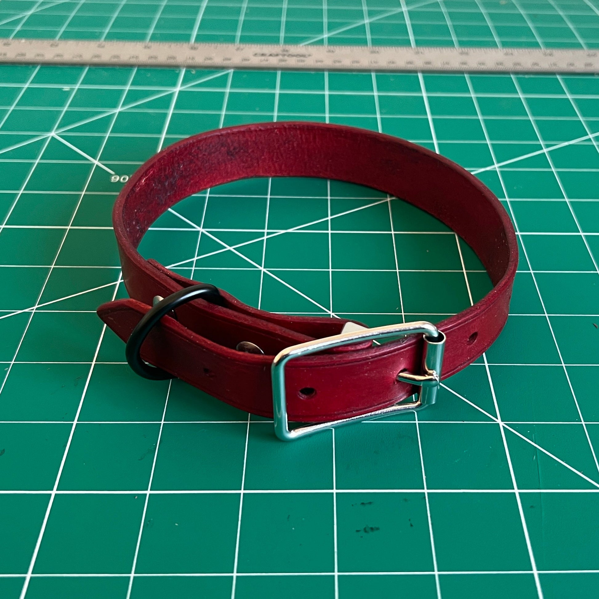 Red leather collar with silver buckle and black D ring on a green cutting mat